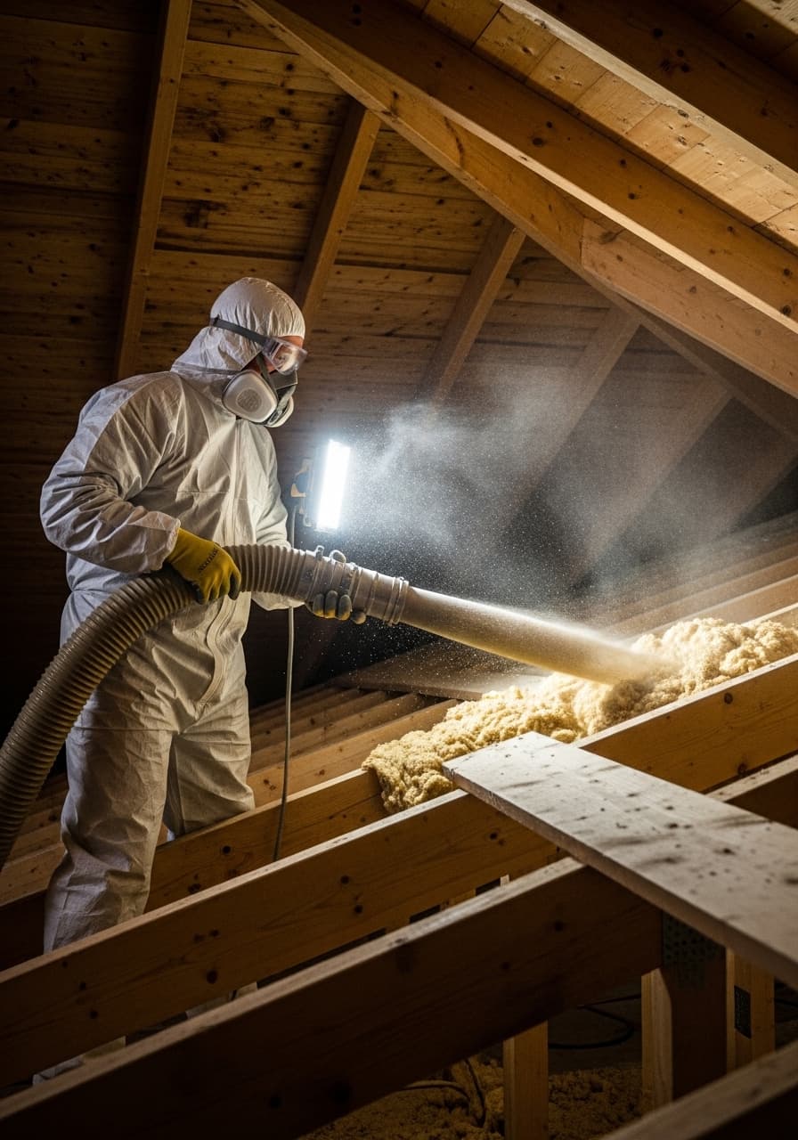 Técnico instalador profesional colocando aislamiento
